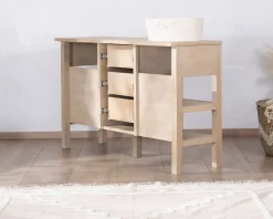 Meuble de salle de bain double en manguier blanchi 140 cm avec niches et tiroirs 