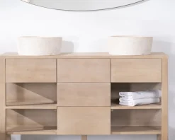 Meuble de salle de bain double en manguier blanchi 140 cm avec niches et tiroirs 