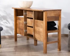 Meuble de salle de bain double en manguier foncé 140 cm avec niches et tiroirs 
