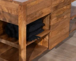 Meuble de salle de bain double en manguier foncé 140 cm avec niches et tiroirs 