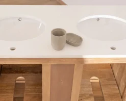 Meuble de salle de bain deux vasques bois et quartz 150cm 