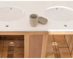 Meuble de salle de bain deux vasques bois et quartz 150cm 