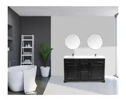 Meuble de salle de bain noir dessus quartz blanc