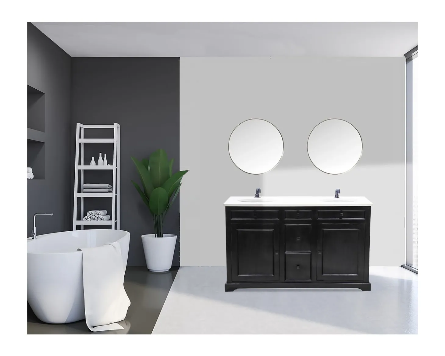 Meuble de salle de bain noir dessus quartz blanc "Elégance"