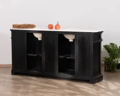 Meuble double vasque coins arrondis bois noir quartz blanc 