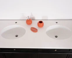 Meuble double vasque coins arrondis bois noir quartz blanc 
