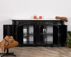 Meuble double vasque coins arrondis bois noir quartz blanc 