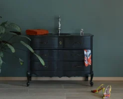 Meuble salle de bain en manguier noir et pierre tiroirs rétro style commode