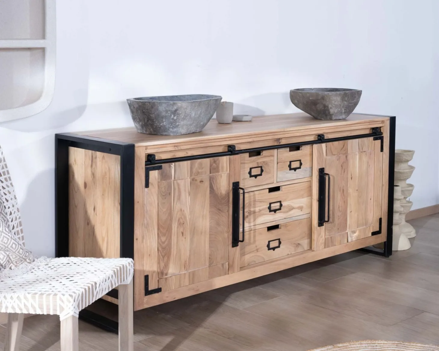 Meuble salle de bain industriel métal et bois "Montréal" 165 cm