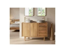 Meuble sous vasque 120 cm avec portes et tiroirs "Kahiko" en manguier teinte chêne clair