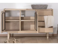 Meuble sous vasque 140 cm en manguier blanchi avec portes et tiroirs 