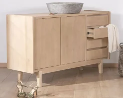 Meuble sous vasque 140 cm en manguier blanchi avec portes et tiroirs 