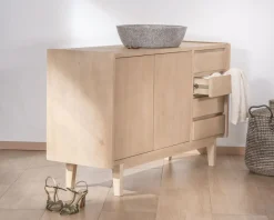 Meuble sous vasque 140 cm en manguier blanchi avec portes et tiroirs 