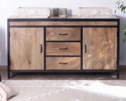Meuble sous vasque 150 cm industriel manguier massif et métal "Atelier"
