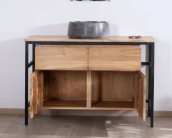 Meuble sous vasque contemporain en teck 120 cm "Wavy" piètement design en métal