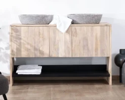 Meuble sous vasque double en bois graphique naturel et noir 