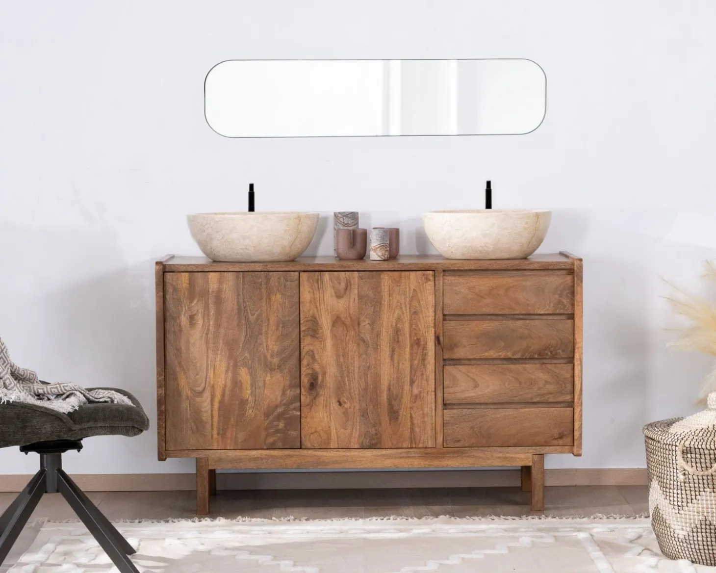 Meuble sous vasque en manguier foncé avec portes et tiroirs "Kahiko" 120 cm