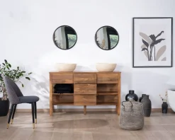Meuble sous vasque en manguier foncé 120 cm avec niches et tiroirs 