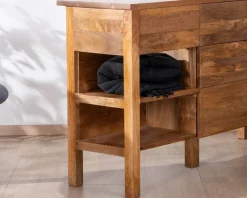 Meuble sous vasque en manguier foncé 120 cm avec niches et tiroirs 