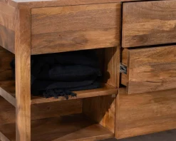 Meuble sous vasque en manguier foncé 120 cm avec niches et tiroirs 