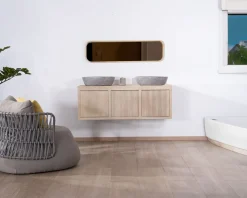 Meuble sous vasque suspendu 140 cm en manguier blanchi 