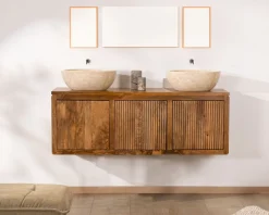 Meuble sous vasque suspendu 140 cm en manguier foncé 