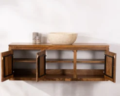 Meuble sous vasque suspendu 140 cm en manguier foncé 
