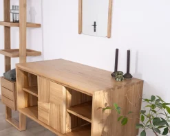 Meuble sous vasque suspendu en teck avec portes coulissantes 