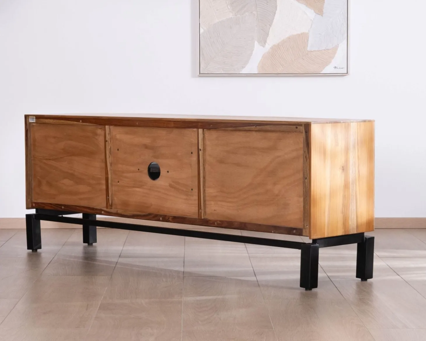 Meuble télé 175 cm bicolore contemporain "Olonie" en teck naturel et métal