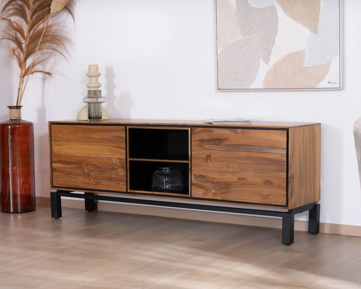 Meuble télé 175 cm bicolore contemporain "Olonie" en teck naturel et métal