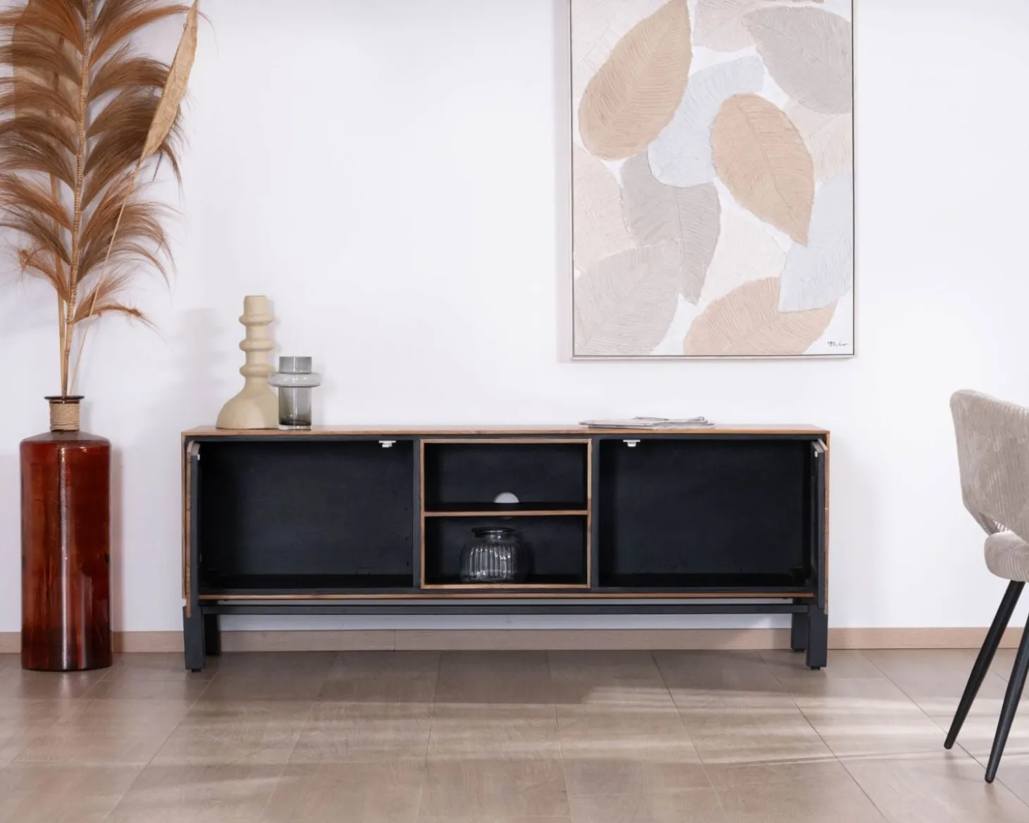 Meuble télé 175 cm bicolore contemporain "Olonie" en teck naturel et métal