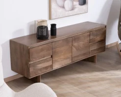 Meuble télé 160 cm design épuré Japandi "Geta" en manguier massif