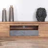 Meuble télé 175cm en acacia avec tiroirs façade placage pierre et bande LED "Paguera"