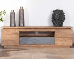 Meuble télé 175cm en acacia avec tiroirs façade placage pierre et bande LED "Paguera"