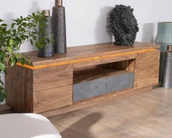 Meuble télé 175cm en acacia avec tiroirs façade placage pierre et bande LED "Paguera"