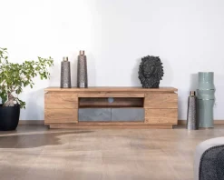Meuble télé 175cm en acacia avec tiroirs façade placage pierre et bande LED 
