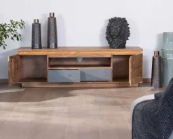 Meuble télé 175cm en acacia avec tiroirs façade placage pierre et bande LED 