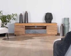 Meuble télé 175cm en acacia avec tiroirs façade placage pierre et bande LED 