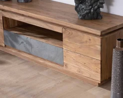 Meuble télé 175cm en acacia avec tiroirs façade placage pierre et bande LED 