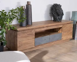 Meuble télé 175cm en acacia avec tiroirs façade placage pierre et bande LED 