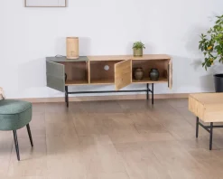 Meuble télé design métal noir bois bicolore 