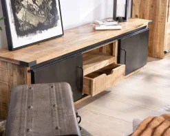 Meuble TV 180 cm à portes coulissantes métal et bois "Caractère"
