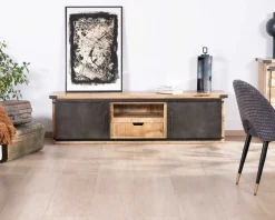 Meuble TV 180 cm à portes coulissantes métal et bois 
