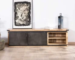 Meuble TV 180 cm à portes coulissantes métal et bois 