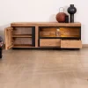 Meuble TV 145 cm contemporain en acacia avec liserés noirs "Lumino" niche éclairage LED