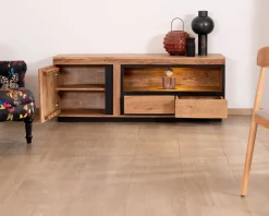 Meuble TV 145 cm contemporain en acacia avec liserés noirs "Lumino" niche éclairage LED