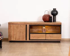 Meuble TV 145 cm contemporain en acacia avec liserés noirs 