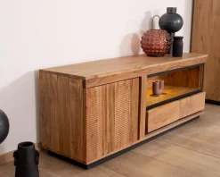 Meuble TV 145 cm contemporain en acacia avec liserés noirs 