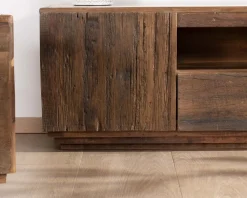 Meuble TV 180 cm en bois recyclé et plateau marbre blanc "Mood"