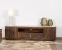 Meuble TV 180 cm en bois recyclé et plateau marbre blanc 